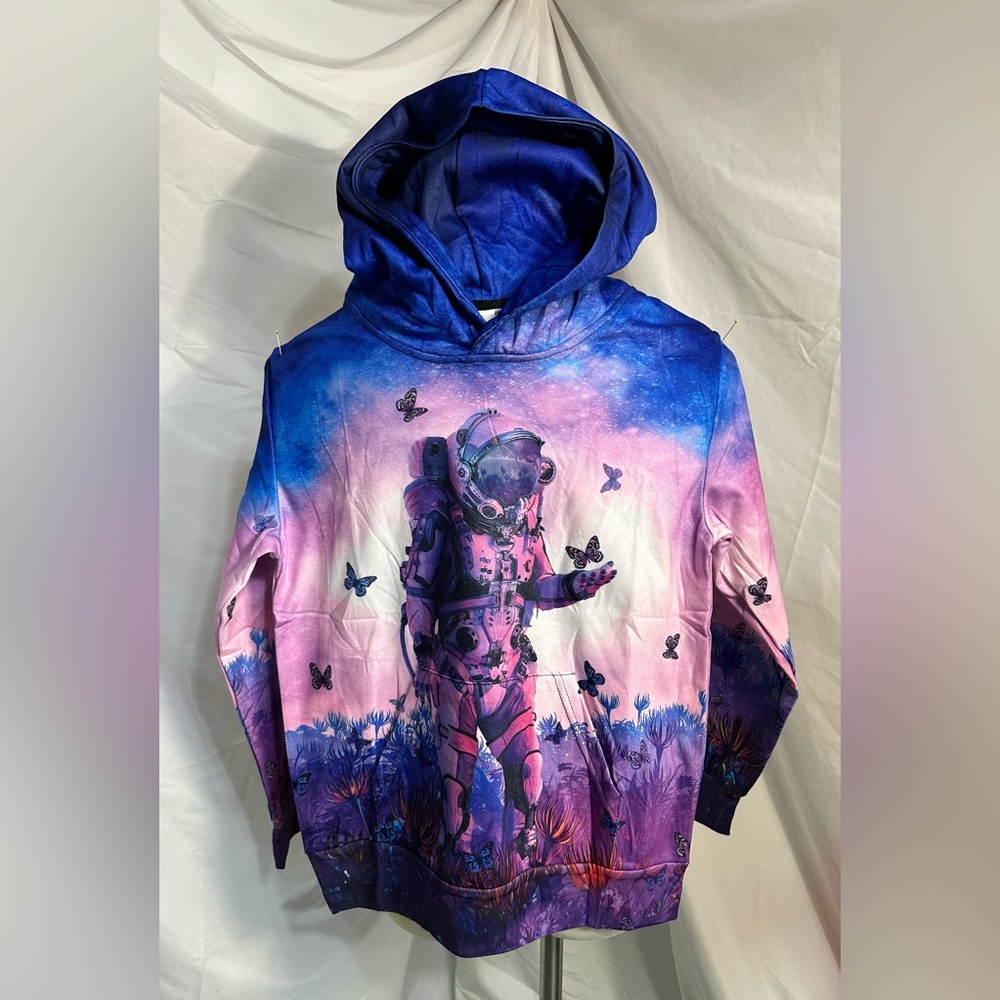 Kids Hoodie Outer Space Artistic Sherpa Microfleece w/Astronaut and Butterflies